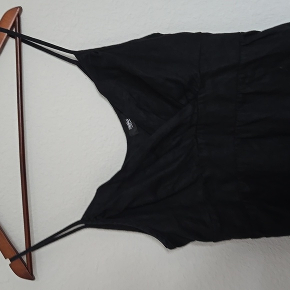 Linen Maxi Dress Black Deep V-Neck Y2K Minimalist - Picture 3 of 10